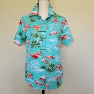 EUC SSLR Women's S Hawaiian Tropical Flamingo Button Up Camp Shirt Blouse